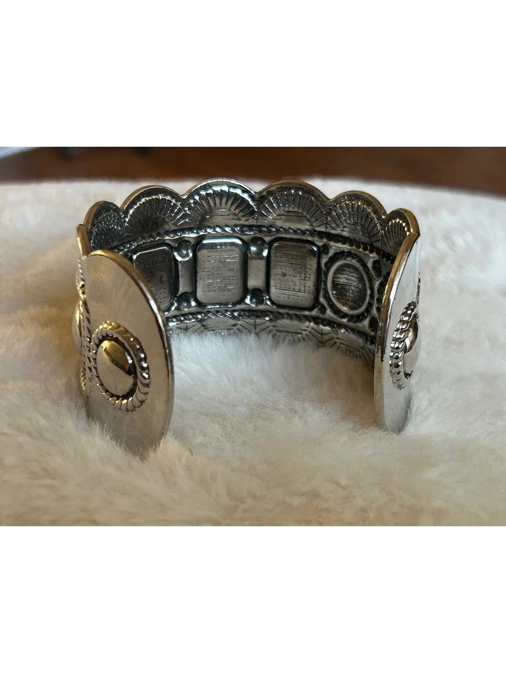 Vintage Silver Tone Cuff Bracelet with White Stone Accents